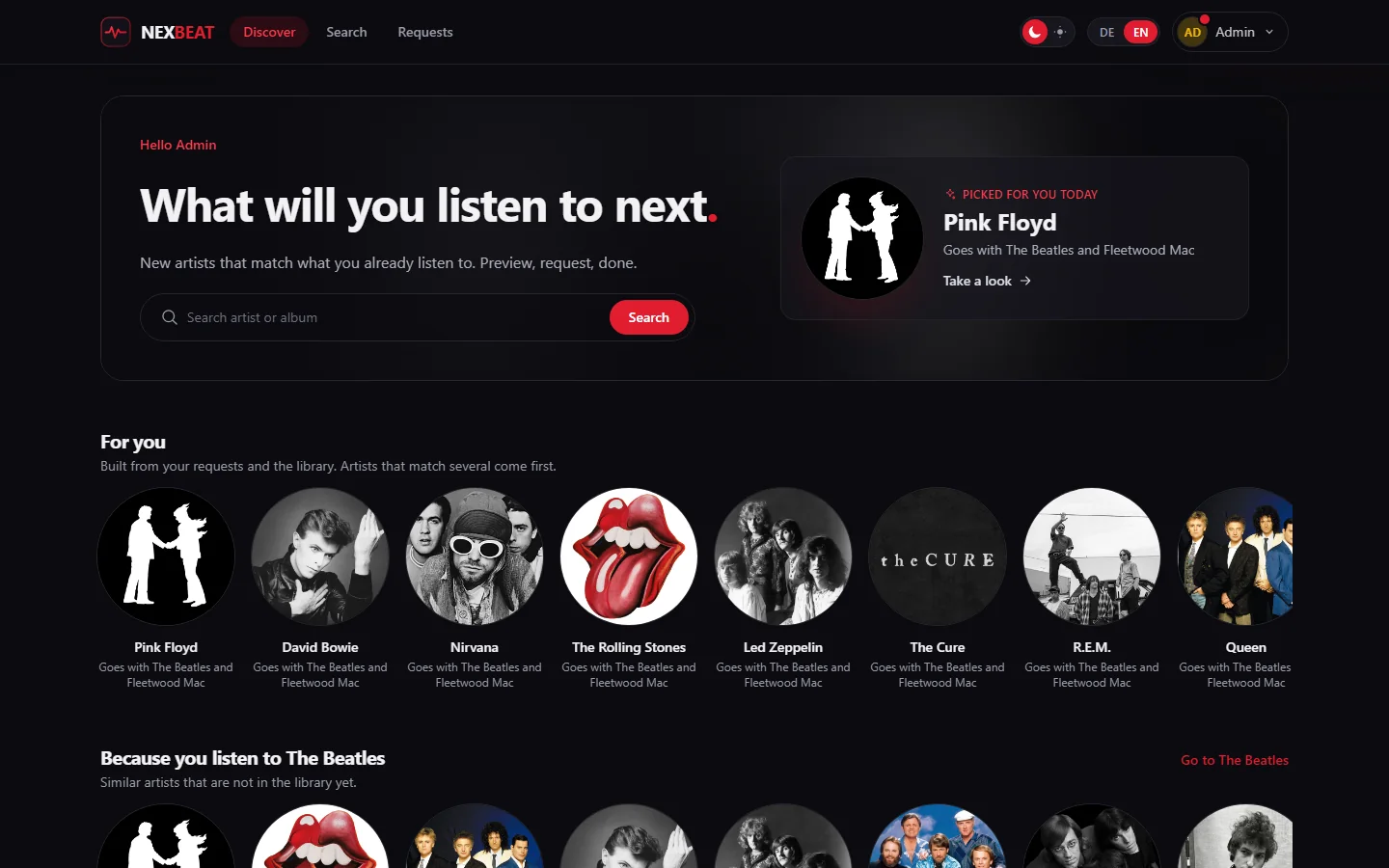 The nexbeat discovery page with suggested artists
