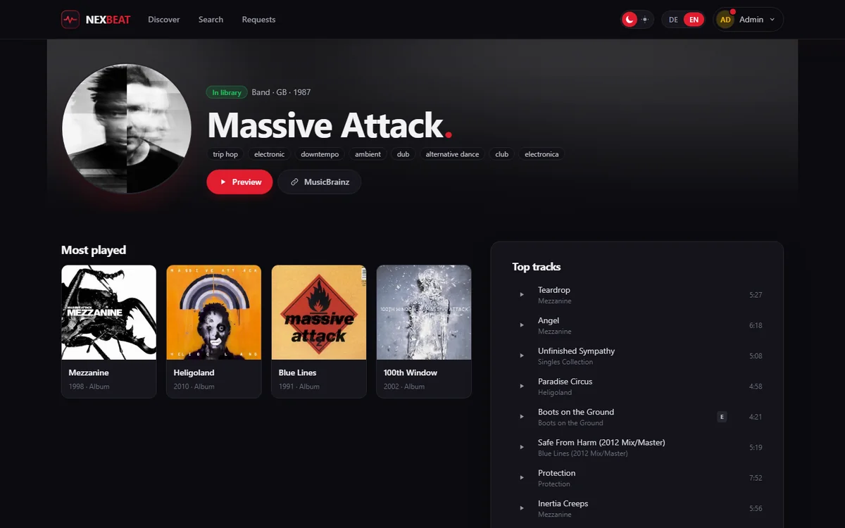 An artist page in nexbeat with albums and top tracks