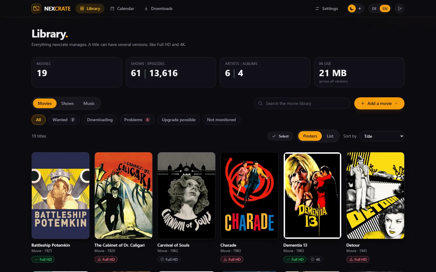 The nexcrate movie library with posters of public-domain films