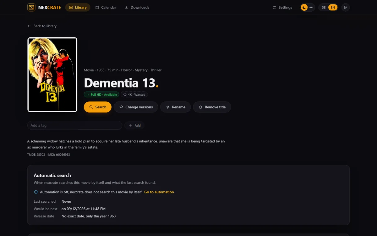 A movie page in nexcrate with its versions and search settings