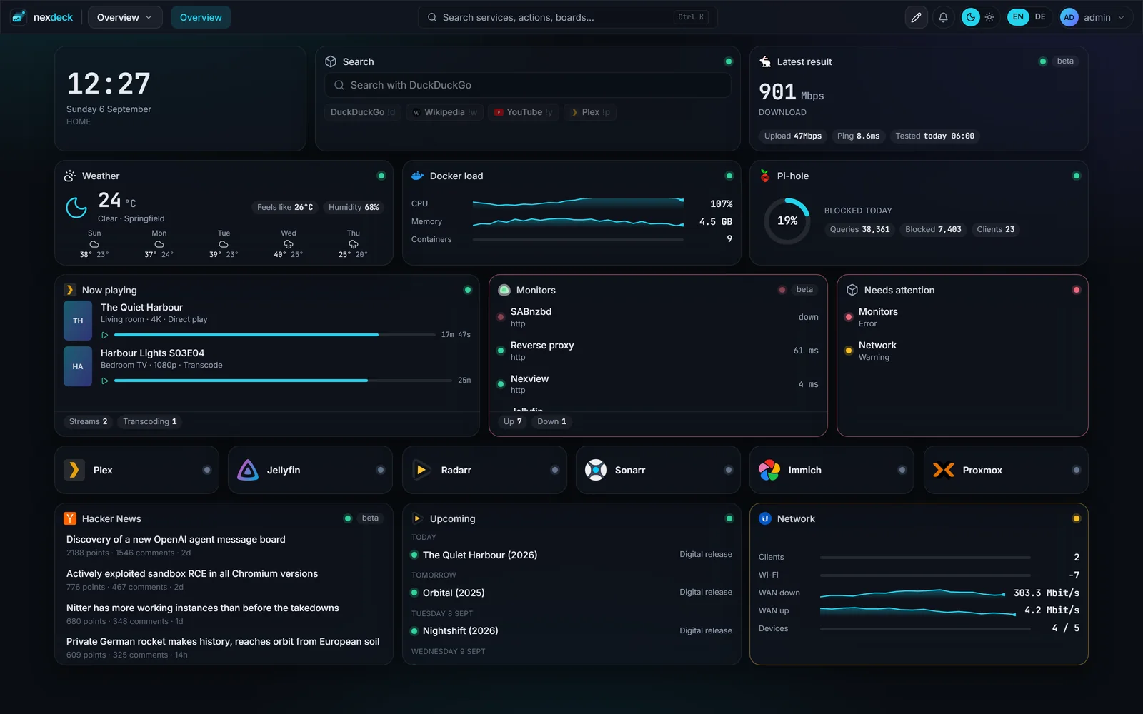 The nexdeck overview with clock, weather, server load and media widgets