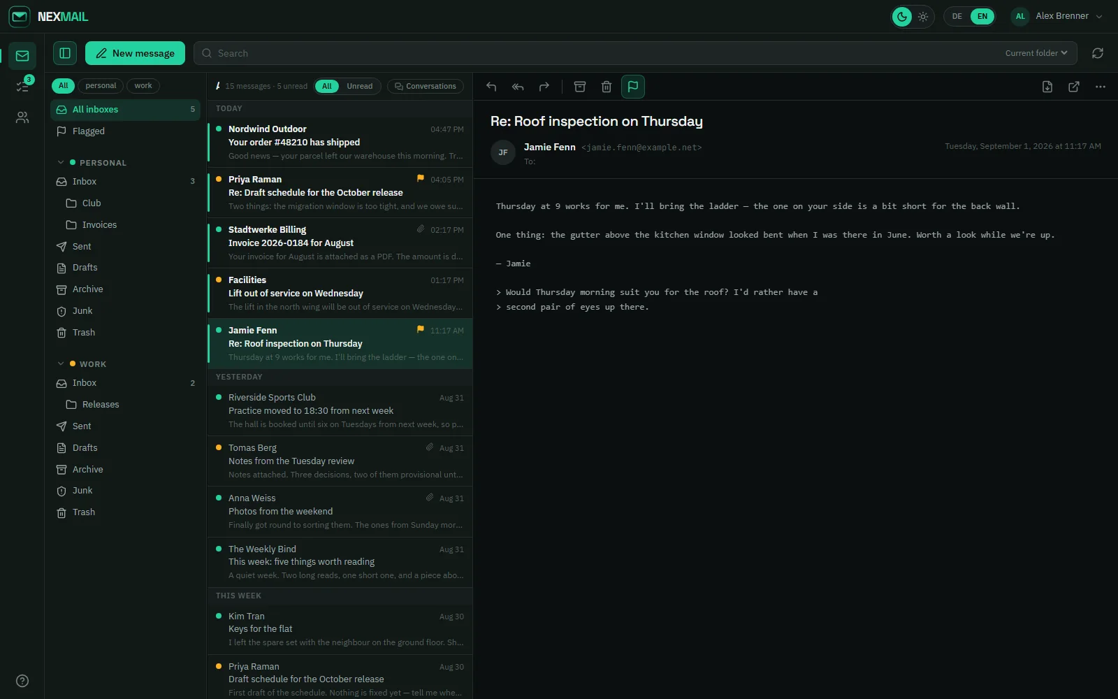 An open mailbox in nexmail with the message list and a message being read