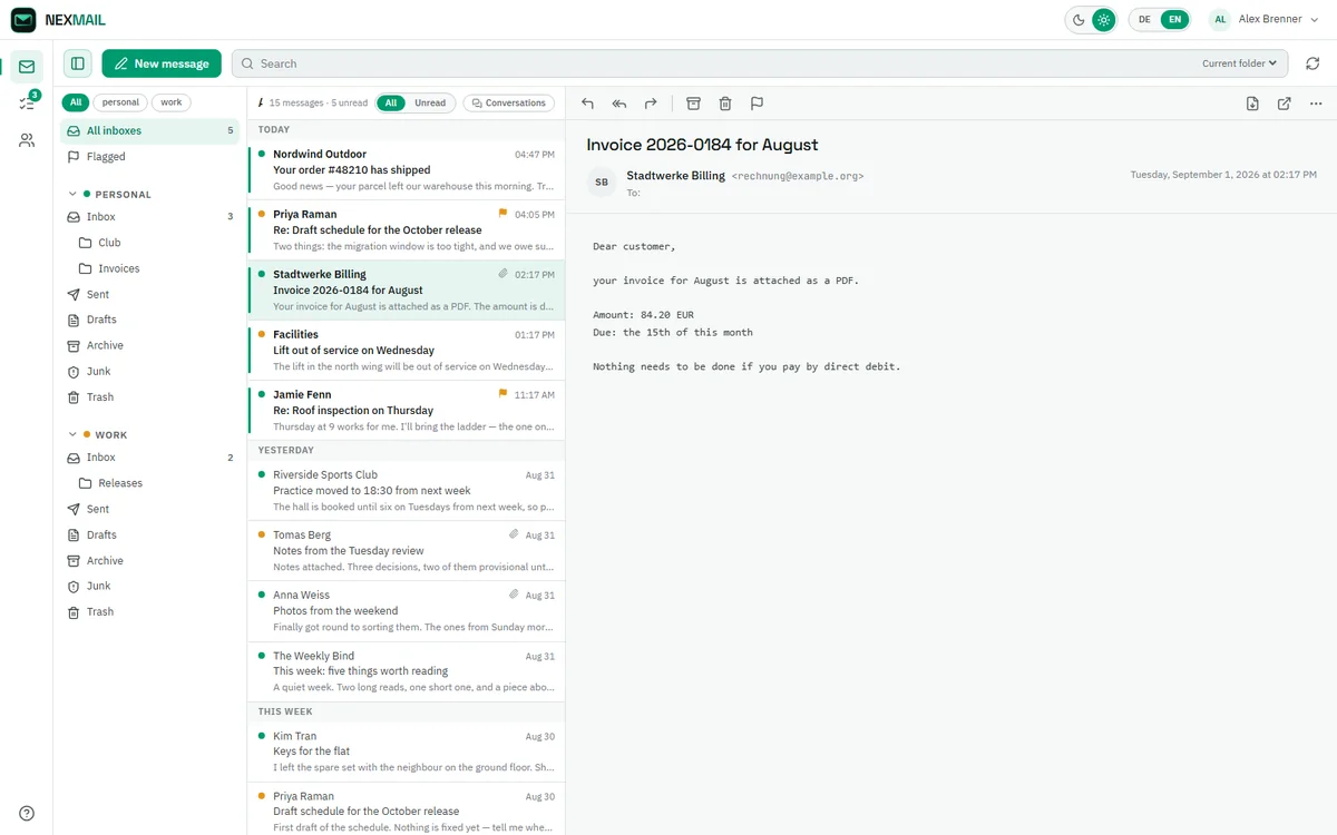 nexmail in its light theme with an open invoice