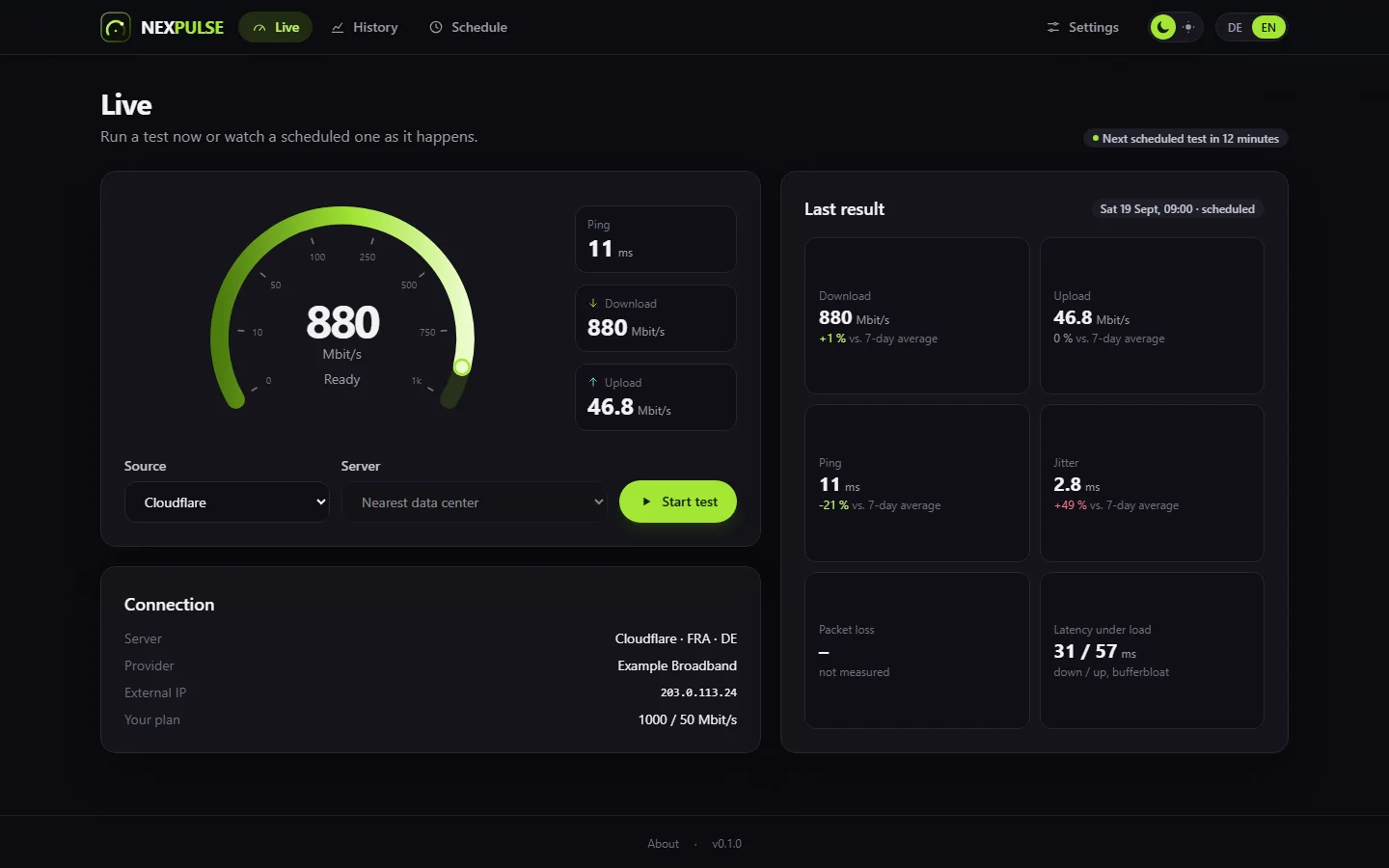The nexpulse live view with a speed gauge and the last result