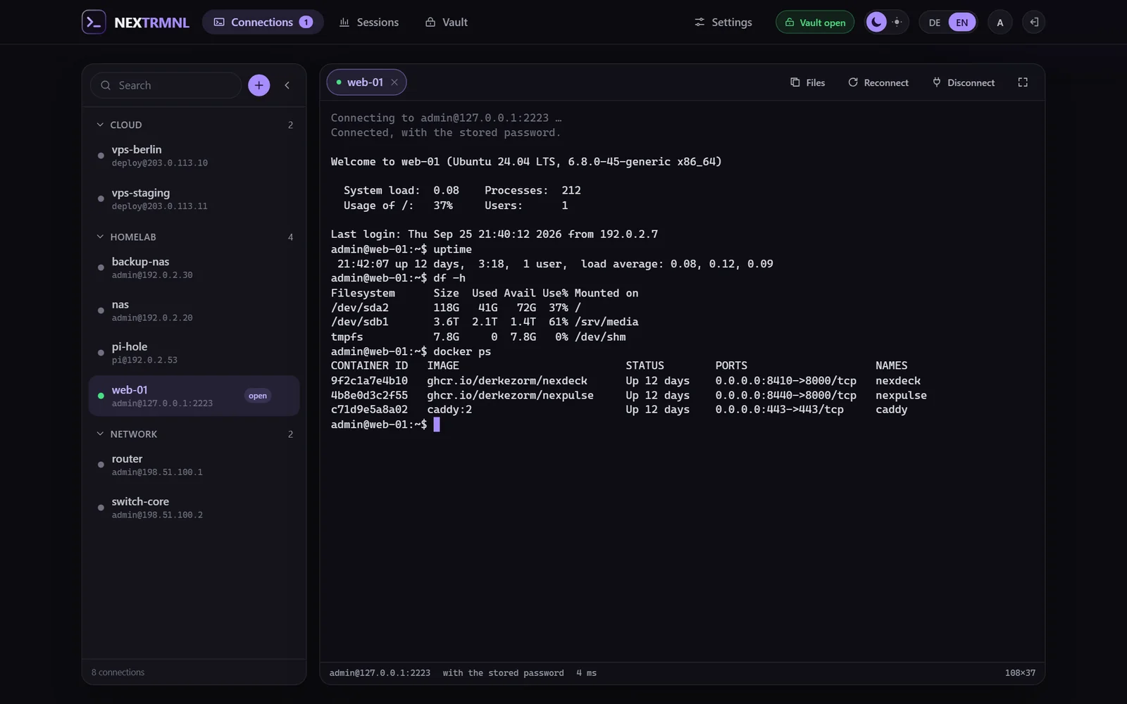 A terminal session in nextrmnl with the connection list on the left