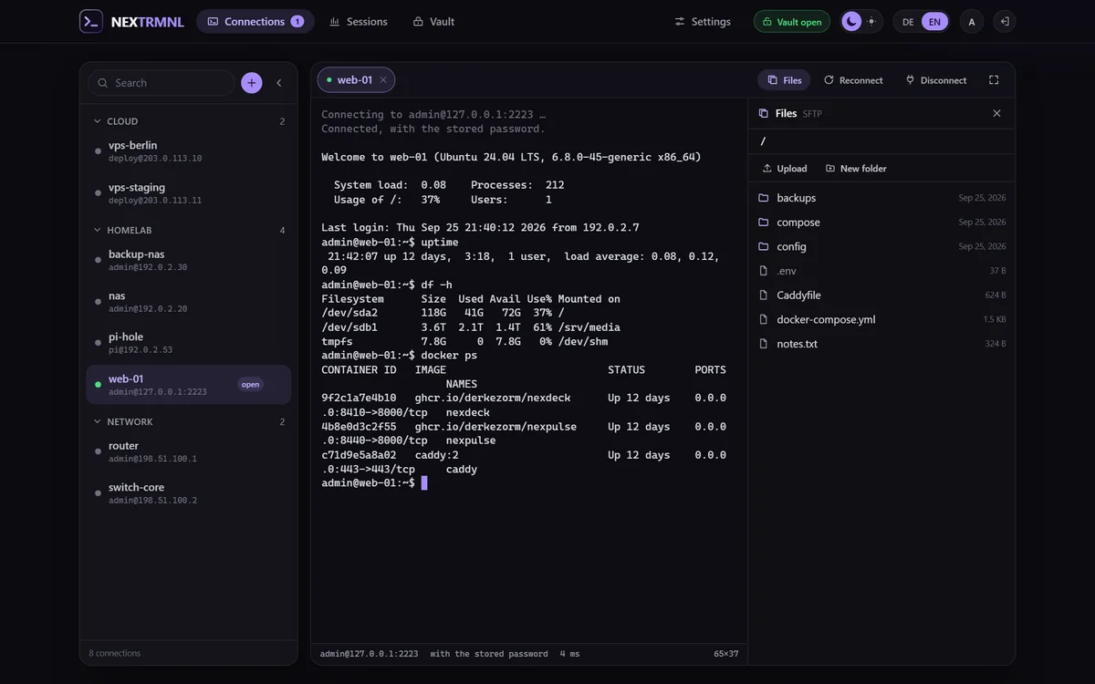 The nextrmnl file browser next to a terminal session