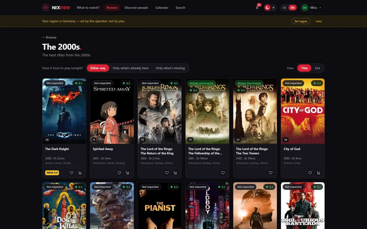 The nexview request grid with movie posters and their status